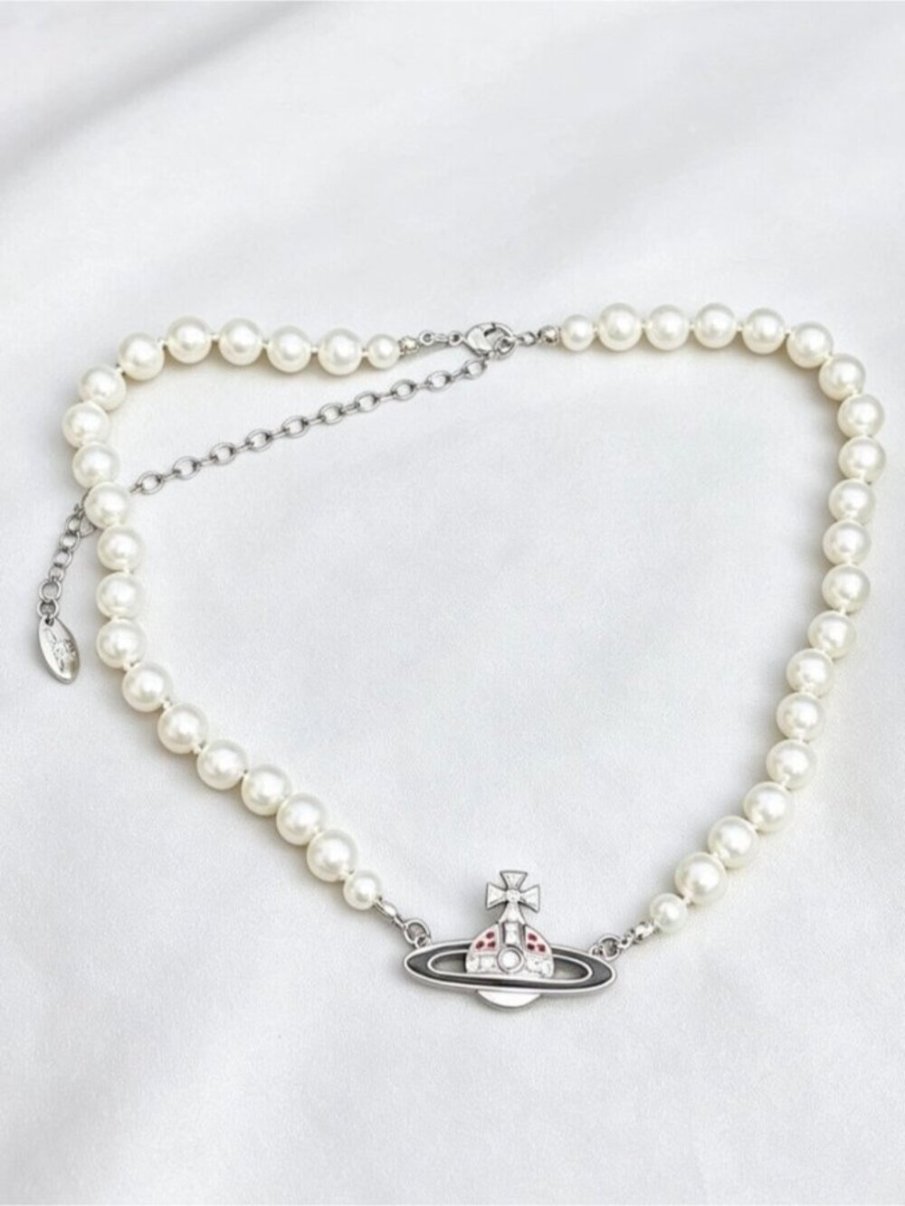 Vivienne Westwood Orb Pearl Choker Necklace, Silver Tone, Adjustable Chain